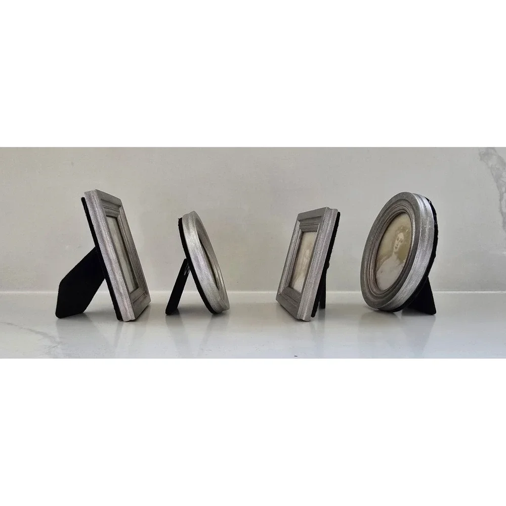 Miniature Silver Metallic Picture Frame Set of 4 Assorted Shapes Tabletop Decor
